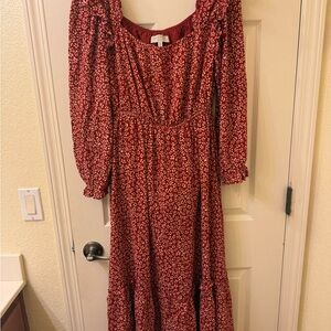 Chic Red Floral Long Sleeve Dress